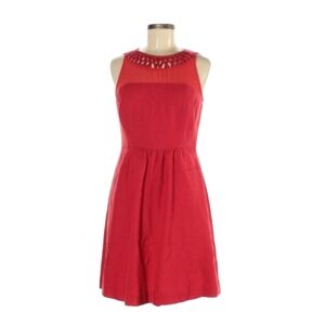 Maeve womens red ruched dress with see through top neck detail pockets size 6